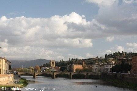 Arno river and bridge among Florence buildings under white clouds