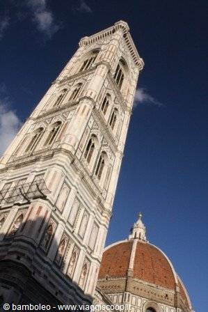 Giotto's bell tower and Brunelleschi's dome of Florence Cathedral against blue sky