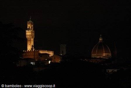 Palazzo Vecchio and the Duomo dome lit up at night in Florence