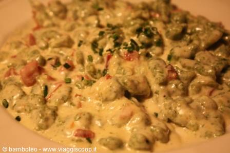 Gnocchi with pesto, cream and tomatoes, close-up of served dish