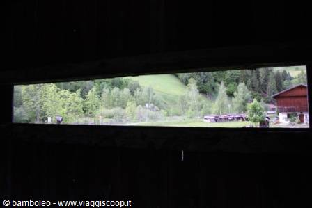From inside a dark wooden hut, a green meadow and chalets are visible