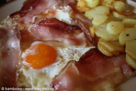 Fried egg with bacon and potatoes on the plate, hearty breakfast