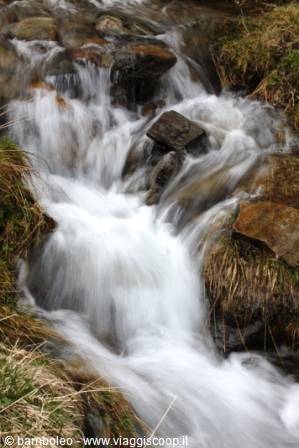 Mountain stream rushing over dark rocks among dry grass
