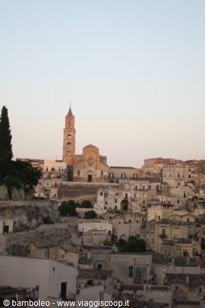 Matera Cathedral at dusk above the stone Sassi quarter