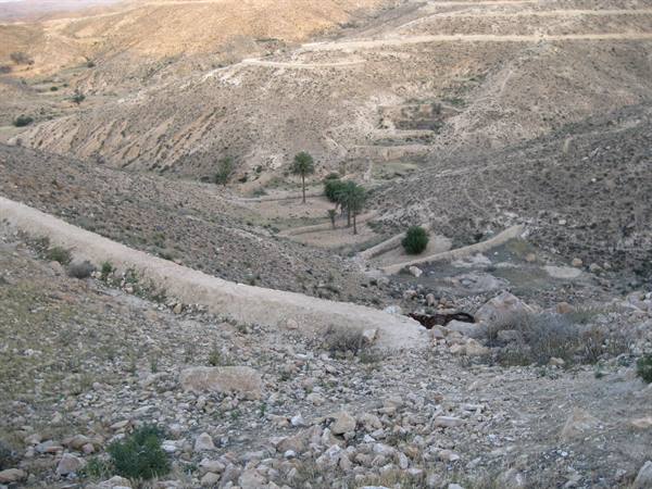Dirt path winding through dry rocky hills, a few palms in the valley