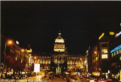 Wenceslas Square at night, the National Museum lit above the statue