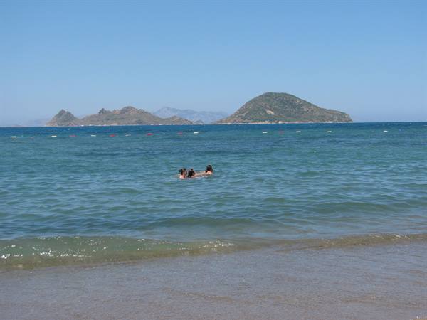 Three people swimming in turquoise sea, green islets in the background, clear sky