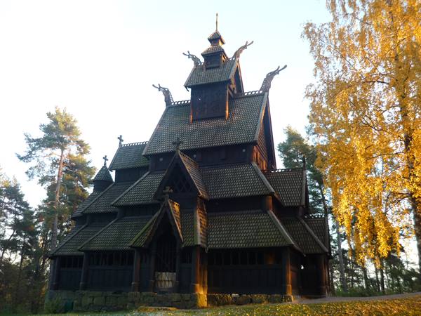 Gol stave church at Bygdøy, Oslo, wooden shingled roof among autumn birches