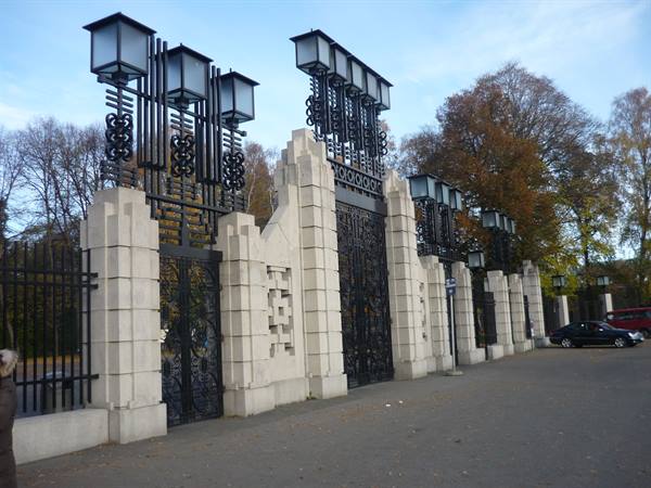 Wrought iron gates and stone pillars at Vigeland Park, Oslo