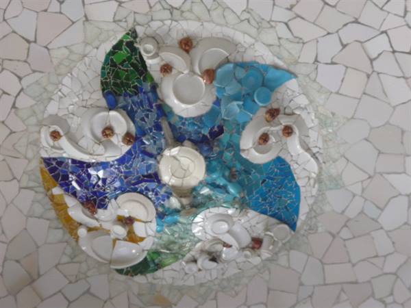 Ceiling mosaic of broken plates in swirls, Park Güell by Gaudí