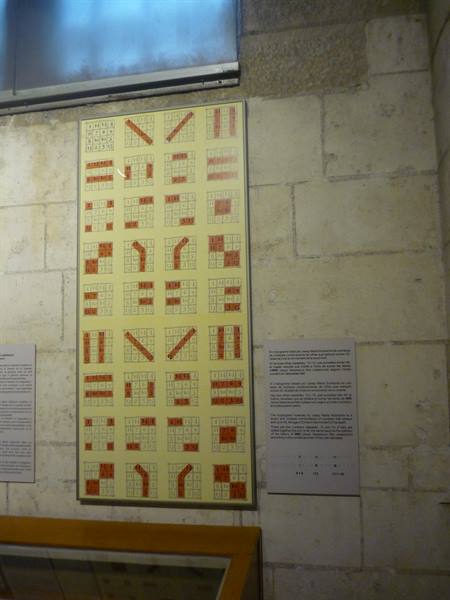 Exhibit panel with diagrams and texts, hanging on a light stone wall