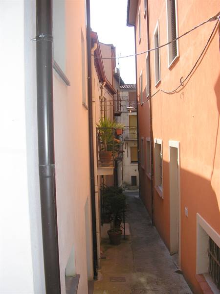Narrow alley between orange walls, potted plants and electric wires