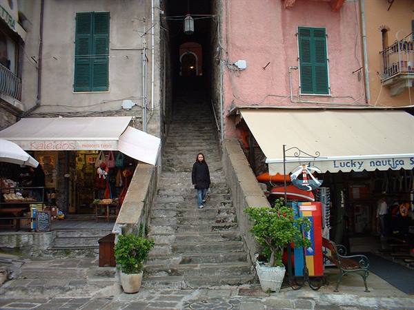 Woman walking down a stone staircase between shops with awnings