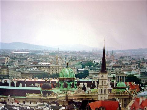 Vienna rooftops with green copper domes and pointed church spire under grey sky