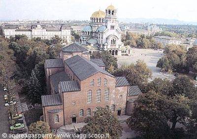 Sveta Nedelya church in Sofia, dark brick, Alexander Nevsky Cathedral behind