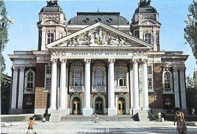 Ivan Vazov National Theatre in Sofia, neoclassical facade with columns, pedestrian passing