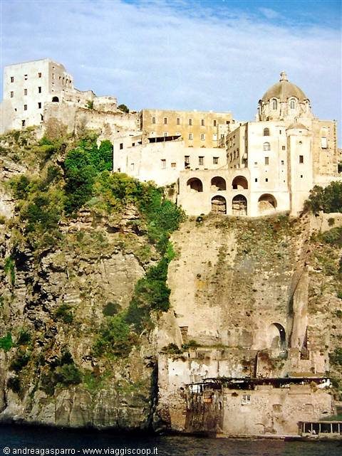 The Aragonese Castle of Ischia stands on a rocky islet above the sea