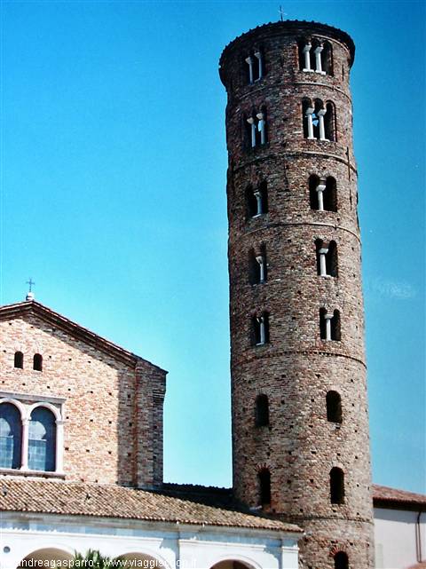 Cylindrical brick bell tower beside Sant'Apollinare Nuovo basilica in Ravenna