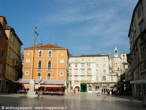 People's Square in Split, historic buildings and clock tower under blue sky