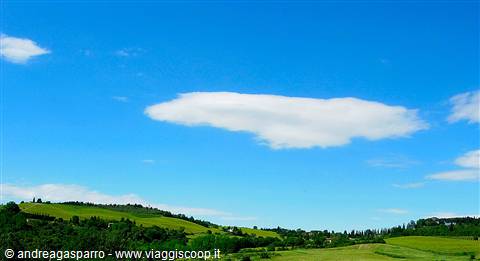 White cloud above cultivated hills with green fields and scattered trees