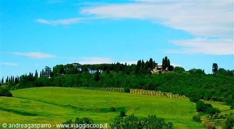 Green hills with cypresses and hilltop villa under midday light, Tuscany