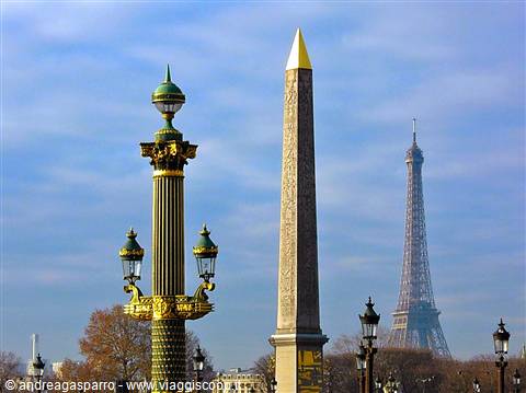 Luxor Obelisk and Eiffel Tower seen from Place de la Concorde