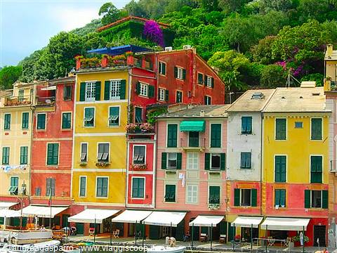 Colorful Portofino houses overlooking the harbor, boats beneath white awnings