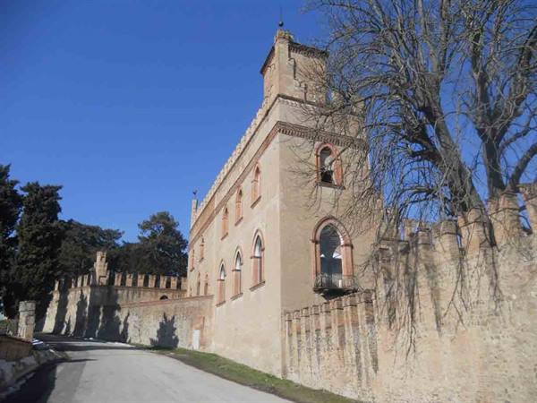 Brick castle with crenellated walls and tower along a road, blue sky
