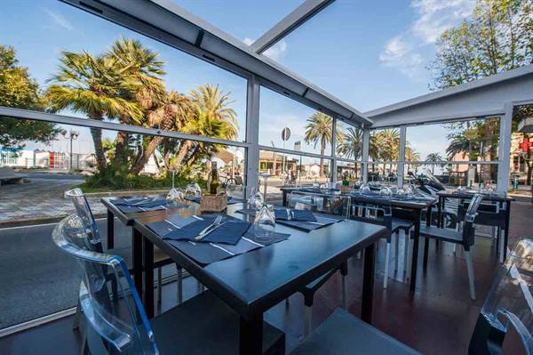 Restaurant dining room with set tables, transparent chairs, palm trees beyond the glass