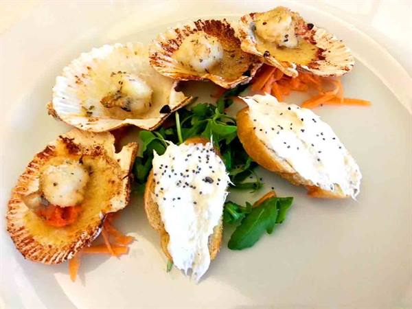 Grilled scallops in shells with creamy crostini and arugula on white plate