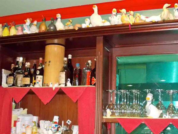 Wooden bar cabinet with liquor bottles, glasses and colorful ceramic duck figurines