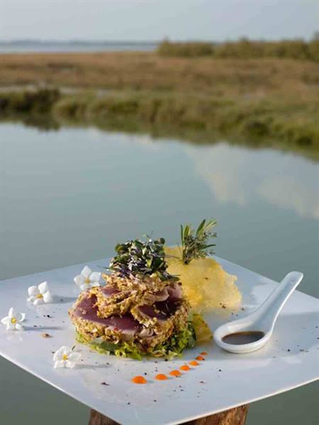 White plate with crusted tuna, herbs and sauce before a lagoon