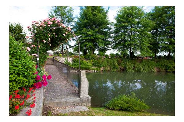 Stone bridge with rose arch beside a green pond surrounded by tall trees