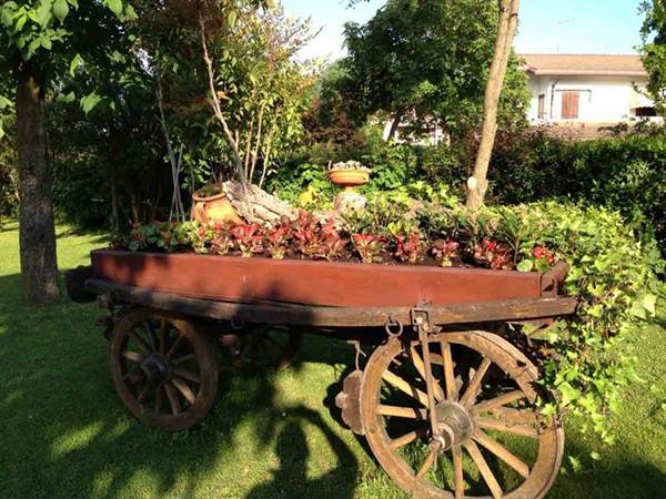 Wooden cart with spoked wheels turned into a flower planter in a garden