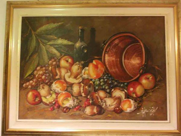 Framed painting: still life with porcini mushrooms, grapes, apples and copper pot