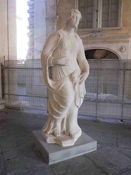 Marble statue of a veiled woman under a portico, behind metal fencing