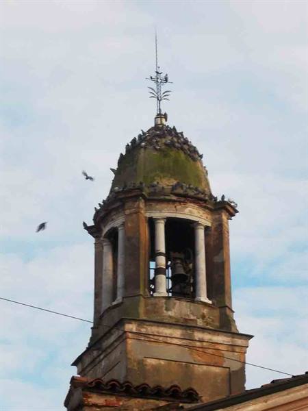 Brick bell tower with green dome and pigeons, against a cloudy sky