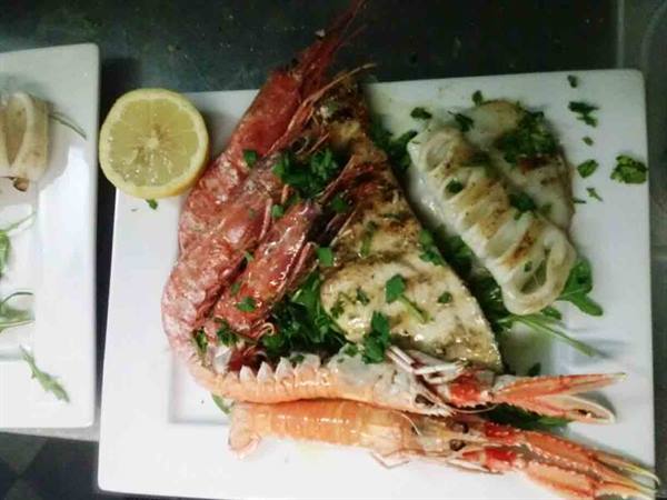 White plate with grilled prawns, sea bass, calamari, parsley and lemon