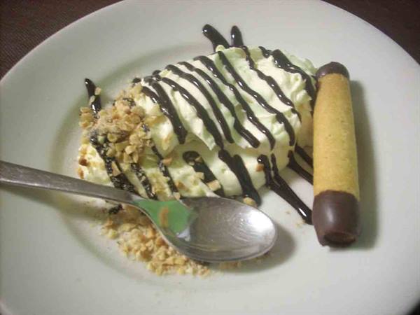 Cream dessert with chocolate drizzle and wafer roll on white plate, indoor lighting