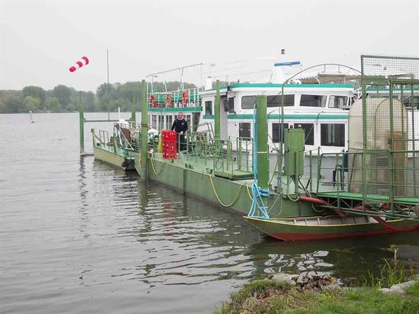 Green ferry docked on the lake, man on deck under grey sky