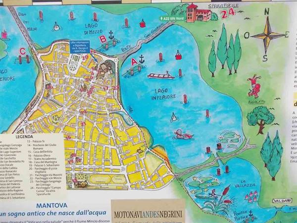 Illustrated map of Mantua with painted lakes, legend and compass rose