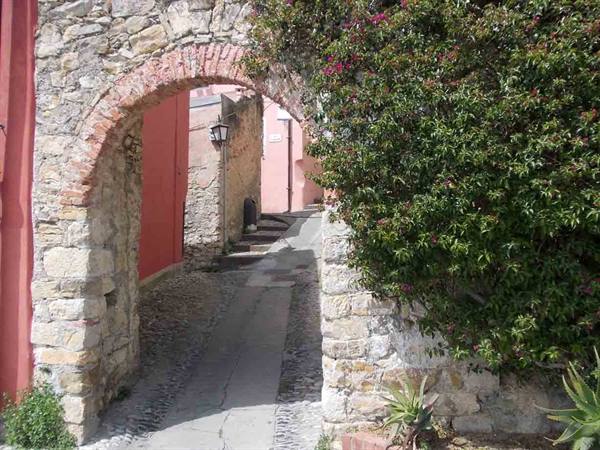 Stone arch with blooming bougainvillea over a paved alley, pink walls