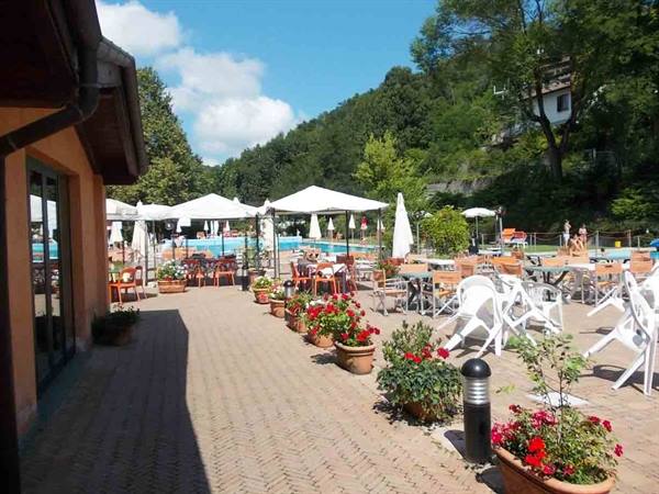 White parasols, potted red geraniums and pool among green trees