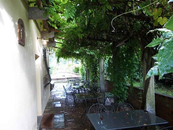 Iron tables beneath a rain-soaked wisteria pergola