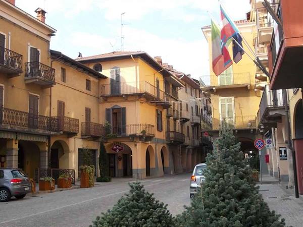 Square with yellow houses, arcades and Christmas trees, flags waving