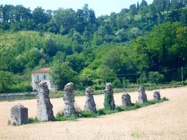 Old crumbling stone columns between a ripe field and green woods