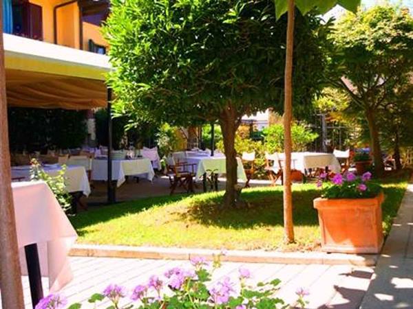 Tables with white tablecloths under green trees in a sunny restaurant garden