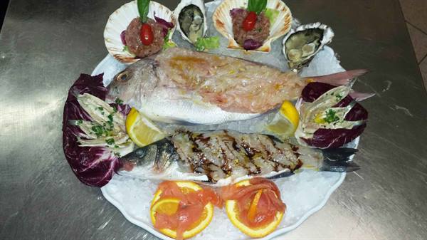 Raw and grilled fish platter on ice with oysters, scallops and citrus