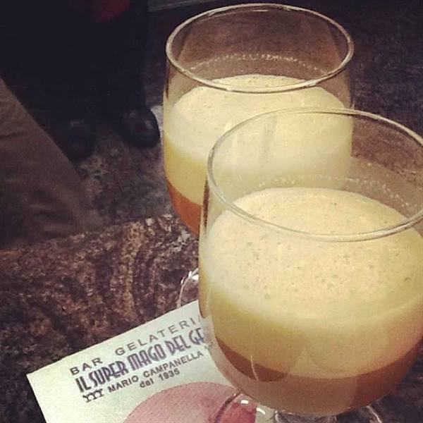 Two creamy drinks on the counter of Super Mago del Gelo bar, Naples