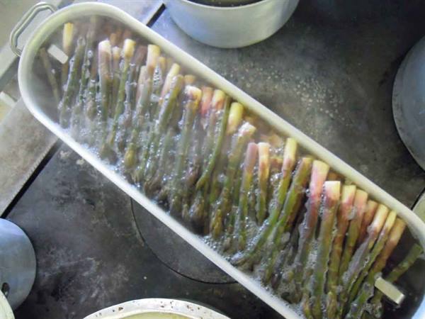 Fresh asparagus boiling in a long pot on the stove